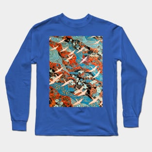 FLYING WHITE CRANES ON BLUE WATERS AND SPRING FLOWERS Red Teal Japanese Floral Long Sleeve T-Shirt